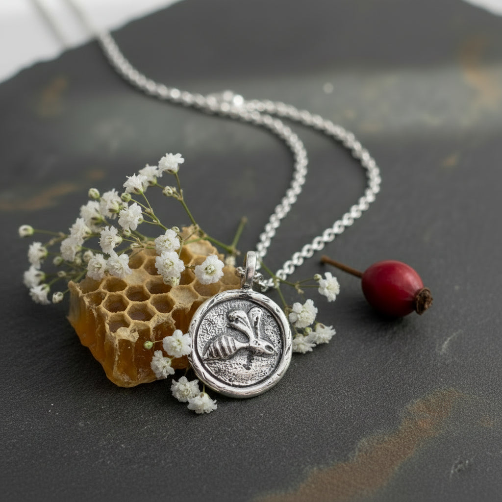 Handmade sterling silver bee jewellery surrounded by honeycomb a red berry and white flowers on a slate grey backgroundnecklace handmade by Bottlebee in Nottingham