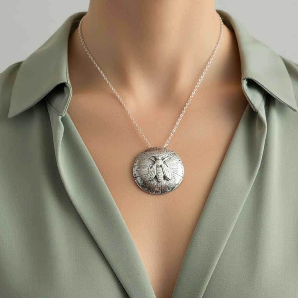 a woman in a green shirt wearing a handmade sterling silver necklace with a raised bee on a convex disc and a silver belcher chain