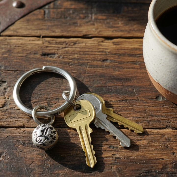 housewarming present keys with a personalised tag on a wooden table next to a cup of black coffee in a white mug, bespoke sustainable silver jewellery Nottingham