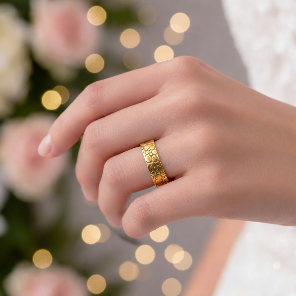 Woman wearing a handmade unique gold wedding ring handmade by bottlebee in Nottingham sustainable jewellery