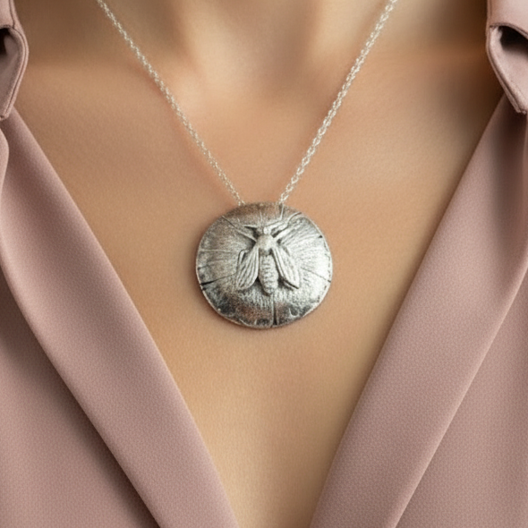 woman wearing a sterling silver necklace with an embossed bee which has been handmade from 925 silver by a small one-woman indian business in Nottingham called Bottlebee