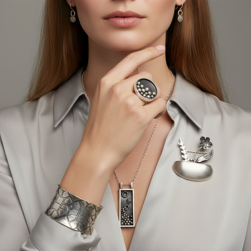 a dark skinned woman wearing handmade bespoke silver sustainable jewellery in a ring, earring, brooch, nekclace and cuff bangle with different textures and patterns made by Bottlebee in Nottingham