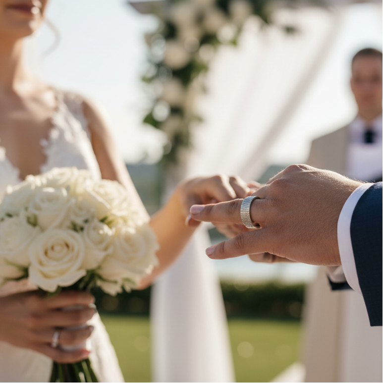 A couple getting married with handmade bespoke silver wedding rings set made in a sustainable way by Bottlebee in Nottingham