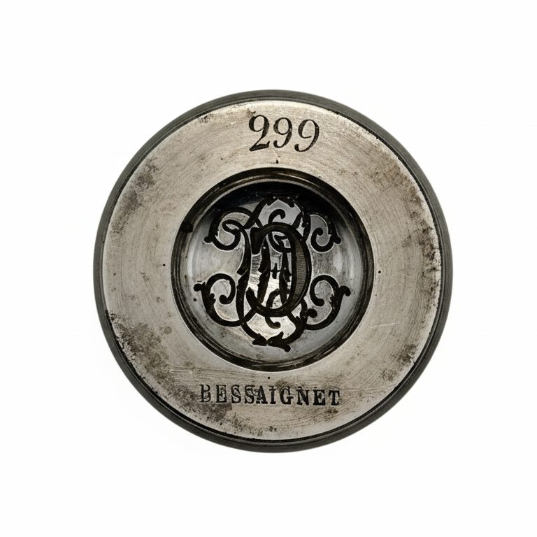 Metallic jewellery impression die with '299' and 'Hessaiguet' text on a white background