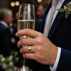 Man wearing a handmade gold wedding ring made in Nottingham holding a glass of champagne with a blurred background of people and lights