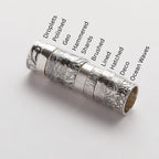 6mm sterling silver wedding bands with engraved patterns and textures labeled with design names. the wedding bands are handmade by Bottlebee who makes sustainable bespoke jewellery in Nottingham