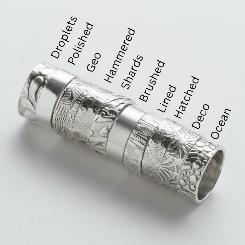 Solid sterling silver ring with textured geometric designs on a textured pattern handmade silver wedding ring nottingham