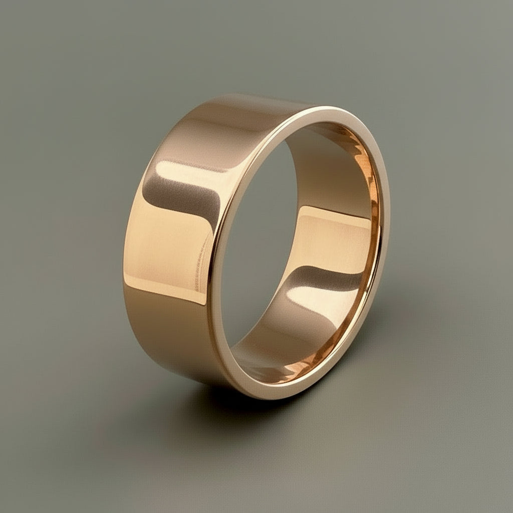 Solid 9ct gold wedding ring for men with hallmark on a light gray background. Ring is 8mm wide and handmade by Bottlebee who makes unique sustainable bespoke wedding rings and jewellery in nottingham