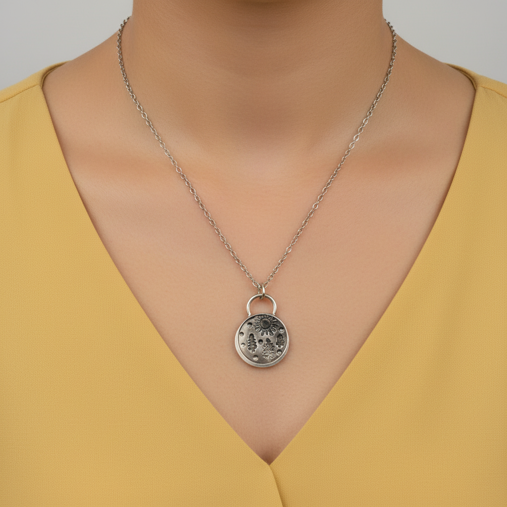 Model in a yellow v neck top wearing a silver handmade necklace with a nature pattern made in nottingham by a small britishbusiness