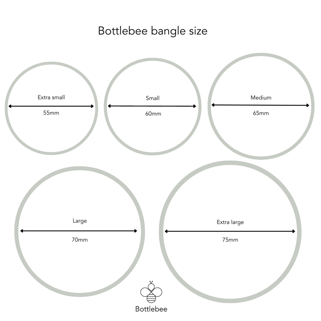 Bottlebee handmade jewellery in Nottingham showing bangle size chart with measurements for different sizes