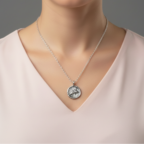 A woman with a gentle smile in a baby pink top wearing a handmade sterling silver bee necklace, jewellery made by Bottlebee in Nottingham