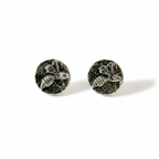 Pair of silver round earrings with bee design on a white background, handmade jewellery made by Bottlebee in Nottingham with sustainable and recycled silver