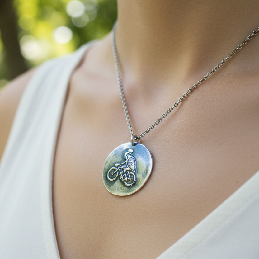 Woman wearing a necklace with a circular silver pendant featuring a flea on a bike wearing a top hat design on a blurred natural background in Nottingham