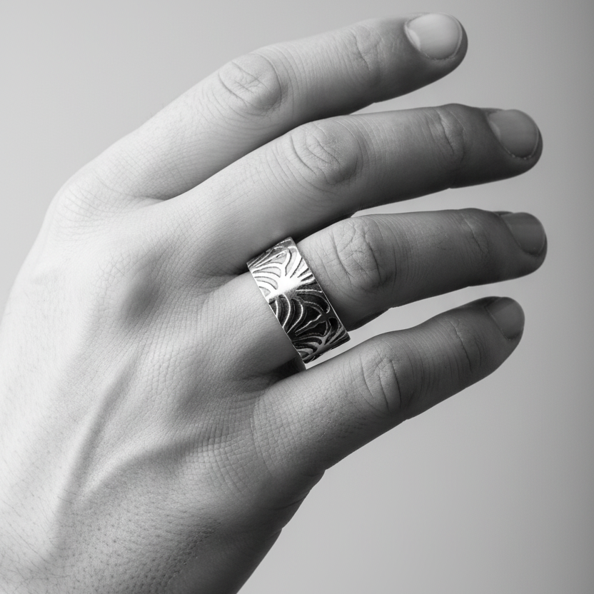 Mans hand wearing a silver art deco ring on a grey background,the wedding band is handmade by Bottlebee who makes sustainable bespoke jewellery in Nottingham