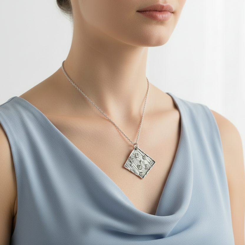 Woman wearing a sky blue top wearing a sterling 925 silver necklace which has been made in Nottingham by Bottlebee in a sustainable way