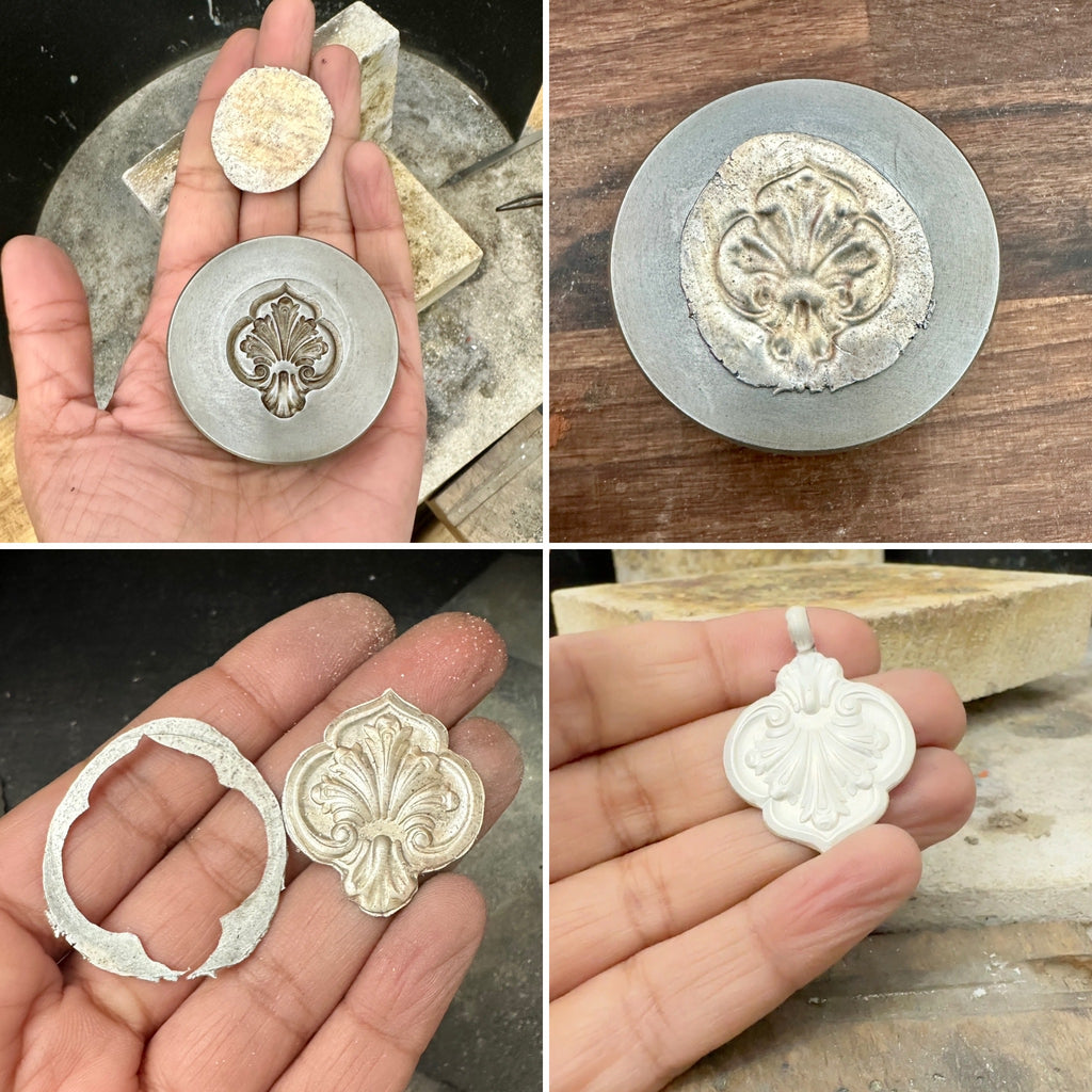 Collage of how the silver jewellery necklace was handmade by Bottlebee in Nottingham