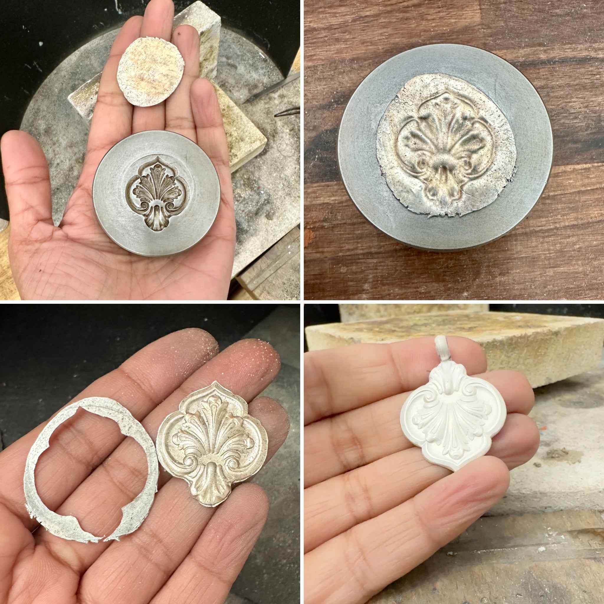 Collage of how the silver jewellery necklace was handmade by Bottlebee in Nottingham