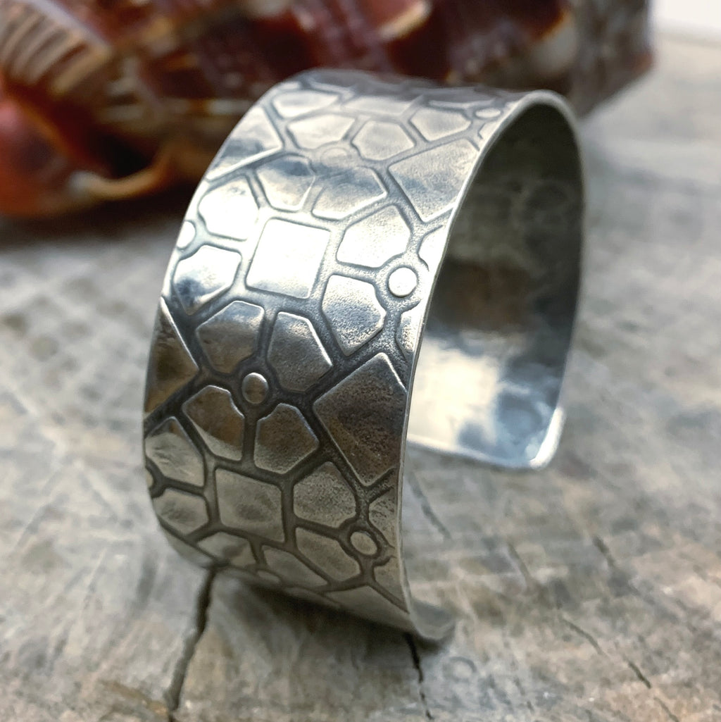 Solid sterling 925 silver cuff with geometric pattern and oxidised, sustainably made by hand in Nottingham by Bottlebee