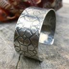 Solid sterling 925 silver cuff with geometric pattern and oxidised, sustainably made by hand in Nottingham by Bottlebee