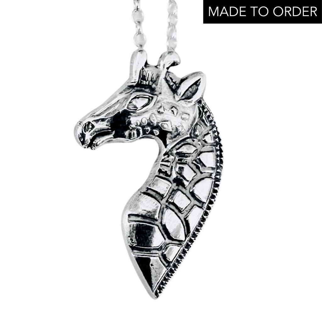 Handmade bespoke sterling silver giraffe jewellery pendant with 'Made to Order' text on a white background