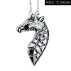 Handmade bespoke sterling silver giraffe jewellery pendant with 'Made to Order' text on a white background