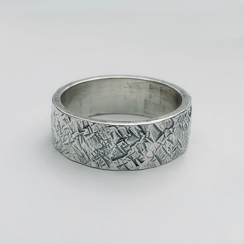 hatch patterned 925 sterling sliver matching wedding bands for man or woman  made by Bottlebee in Nottingham with sustainable 925 solid silver