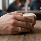 Man sitting at a wooden table wearing a hatch patterned silver wedding ring and holding a cup of coffee. The ring is sustainably handmade in Nottingham using recycled 925 silver