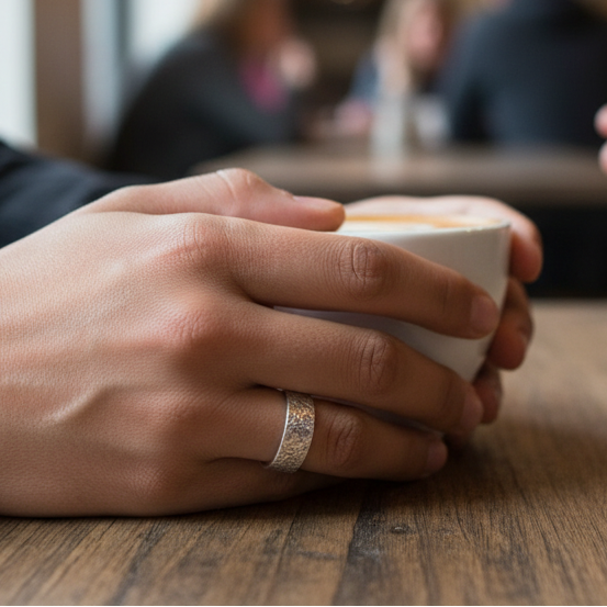 Man sitting at a wooden table wearing a hatch patterned silver wedding ring and holding a cup of coffee. The ring is sustainably handmade in Nottingham using recycled 925 silver