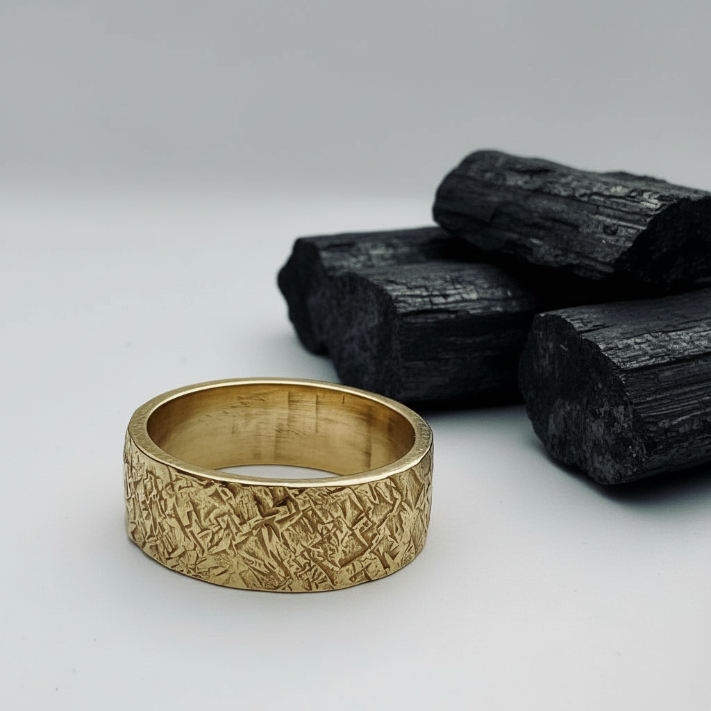 Solid gold hatch textured wedding ring next to coal pieces on a light grey background, made by a nottingham jewellery called bottlebee