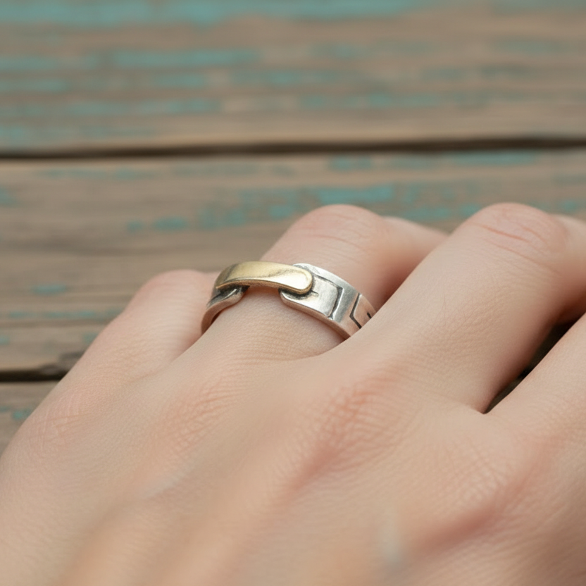 womans hand wearing a handmade gold and silver ring with a greek shank on a rustic wooden background
