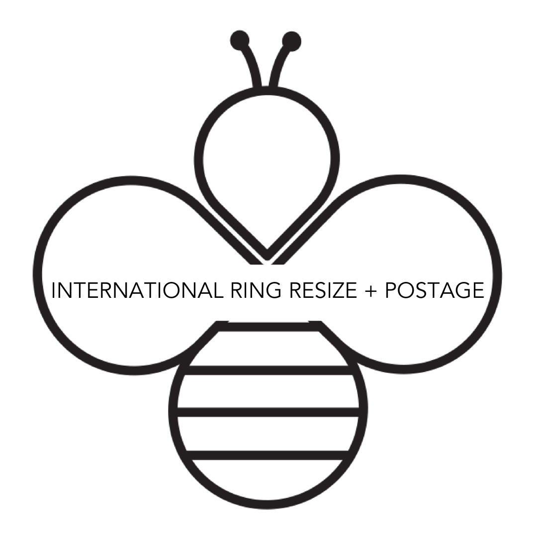 International ring resize and postage logo for bespoke jewellery handmade in Nottingham by Bottlebee who is a jeweller that makes sustainable silver and gold jewellery