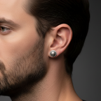 Close up of man wearing a handmade sterling silver stud earring with a skull design and oxidised. Handmade jeweller by Bottlebee, a small one-woman business in Nottingham who takes commissions
