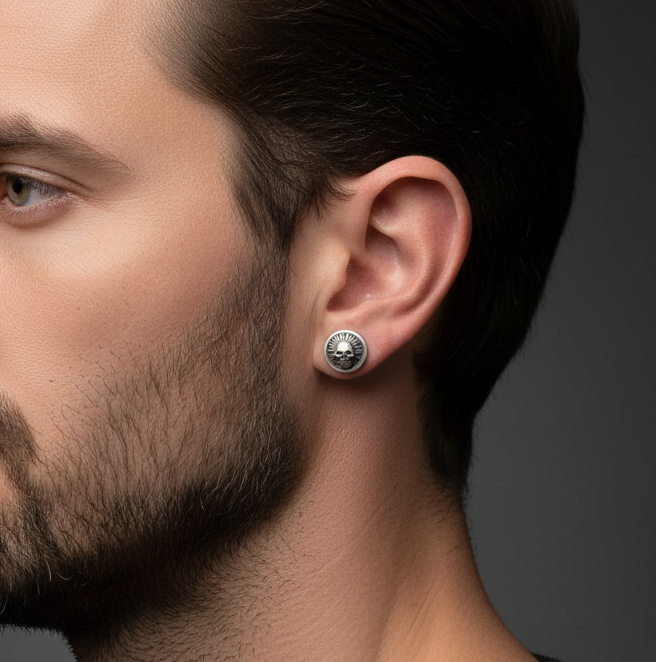 Close up of man wearing a handmade sterling silver stud earring with a skull design and oxidised. Handmade jeweller by Bottlebee, a small one-woman business in Nottingham who takes commissions