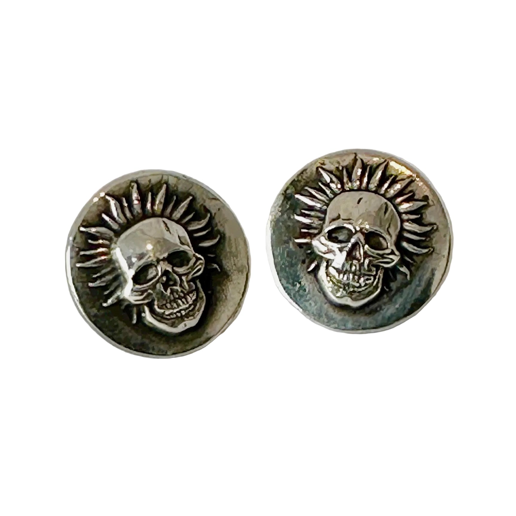 Pair of sterling 925 solid silver skull earrings sustainable handmade by Bottlebee in Nottingham 