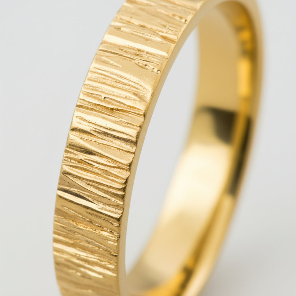 close up of a bark pattern on a solid 18ct gold wedding ring with bark textured band on a white background handmade Nottingham