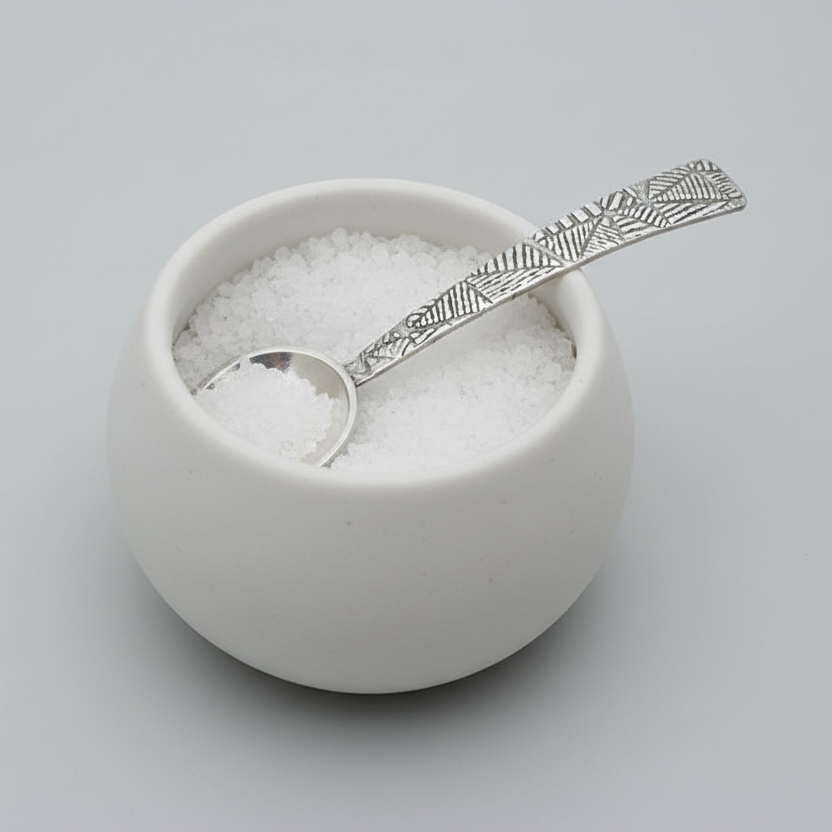 White ceramic bowl filled with salt and a handmade silver spoon on a light grey background