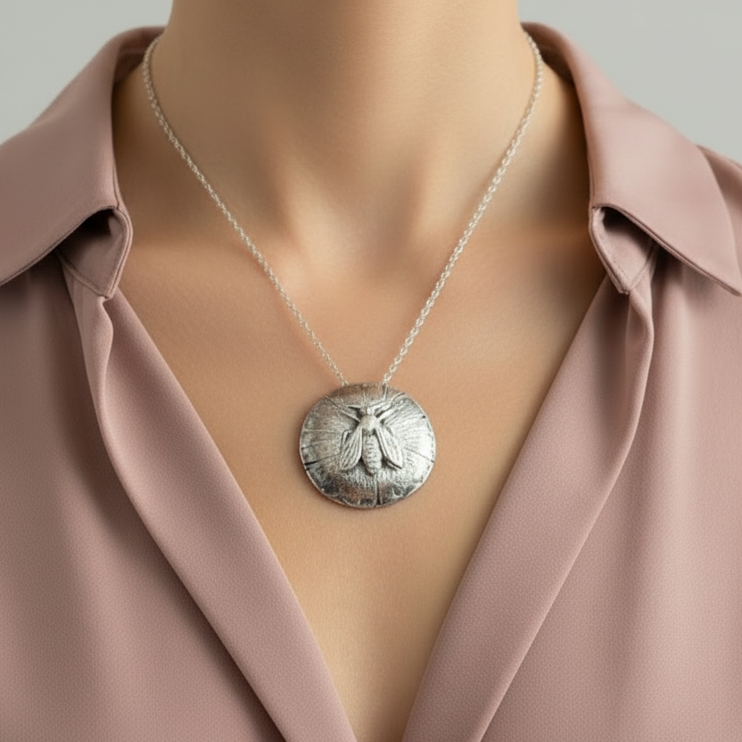 Silver necklace with a raised bee on a patterned round pendant on a woman wearing a salmon pink shirt, sustainably handmade with recycled silver by Bottlebee in Nottingham