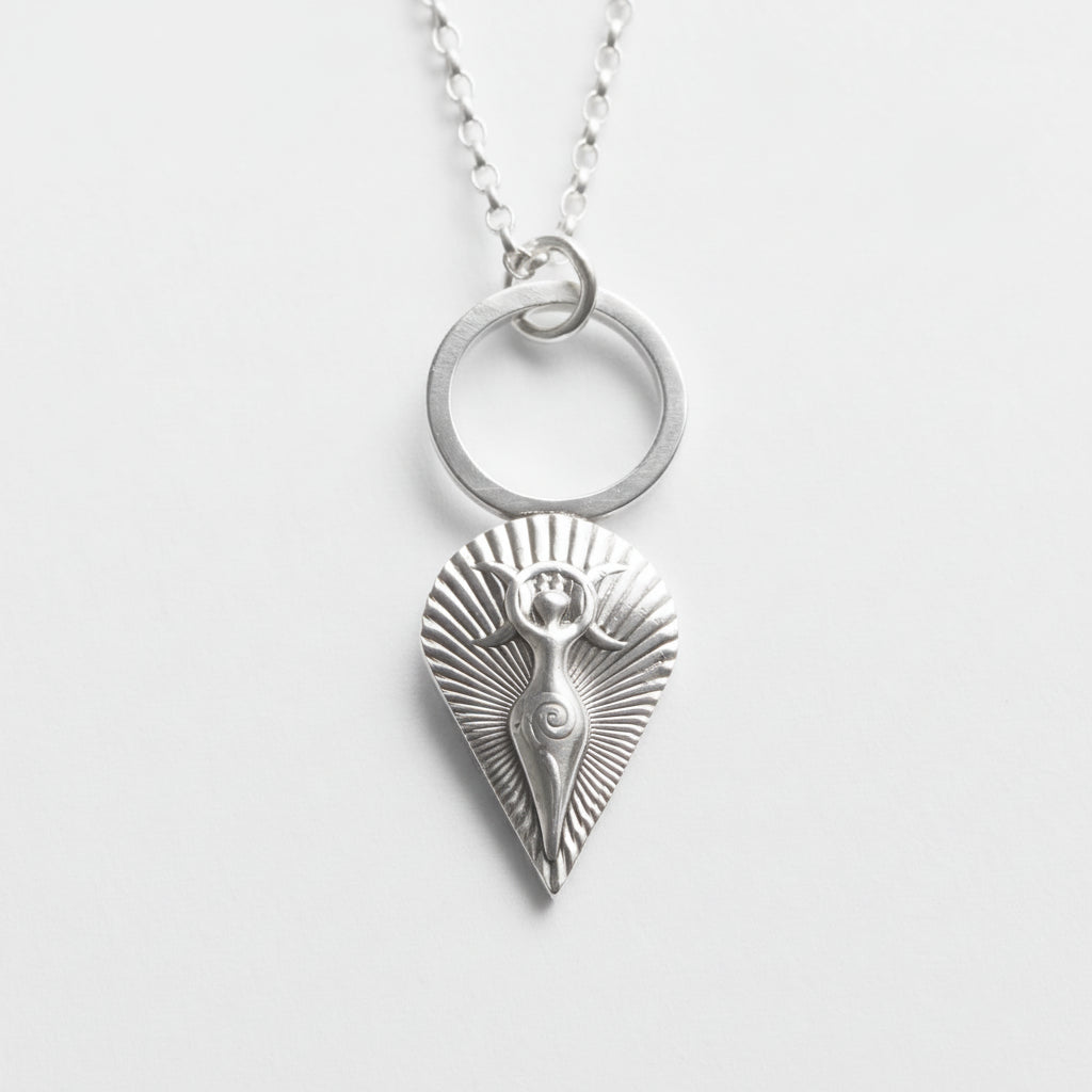 sterling silver mother goddess pendant with a silver belcher chain handmade in Nottingham
