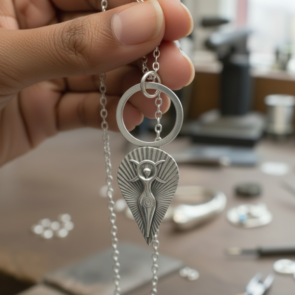 Silver pendant with chain held by a hand against a blurred nottingham jewellery workshop background