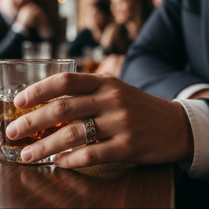 Man holding a glass of whiskey with a blurred bar setting in the background. Wearing a silver wedding band made by Bottlebee in Nottingham sustainable jewellery