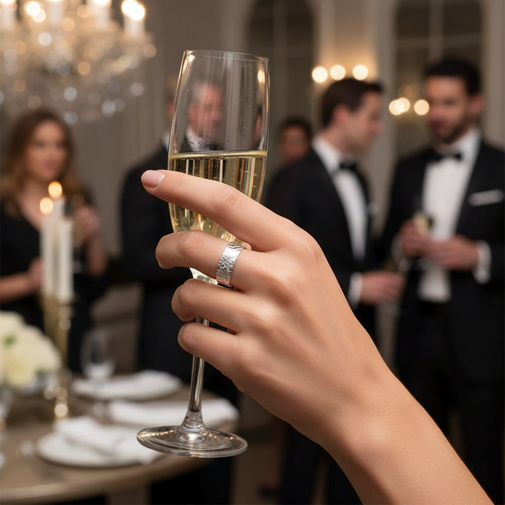 Silver ring with a textured design on a finger against a white background Silver unique wedding ring with intricate design on a textured metal surface handmade by Bottlebee who makes sustainable bespoke jewellery in Nottingham