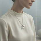 Woman wearing a bespoke silver necklace with a round pendant featuring embossed raised patterned designs on silver discs which have been oxidised. Woman wearing a cream high neck top