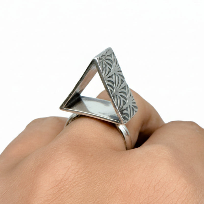 Solid sterling silver brutalist rig for man with a pattern on each side, handmade sustainable by Bottlebee in Nottingham who makes bespoke jewellery