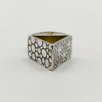 Sterling silver alternative brutalist rig  triangle with pattern on each side, handmade sustainable by Bottlebee in Nottingham who makes bespoke jewellery