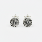 A pair of sliver stud earrings with a dragonfly design, jewellery is handmade by Bottlebee in Nottingham