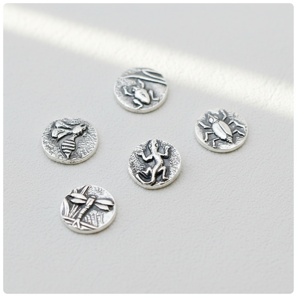 Set of silver charms to handmade silver or gold jewellery with insect designs on a white background