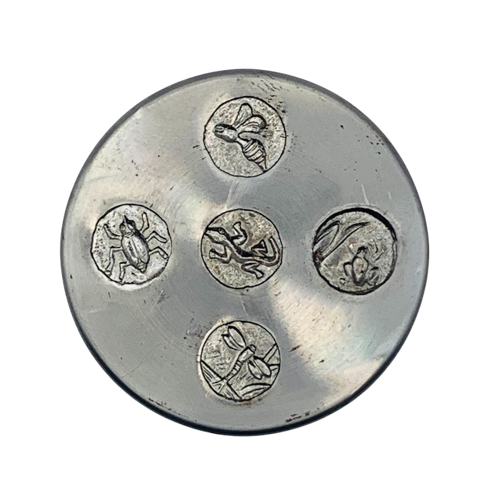 Steel impression die with five insects dies from which silver or gold jewellery can be handmade by Bottlebee in Nottingham
