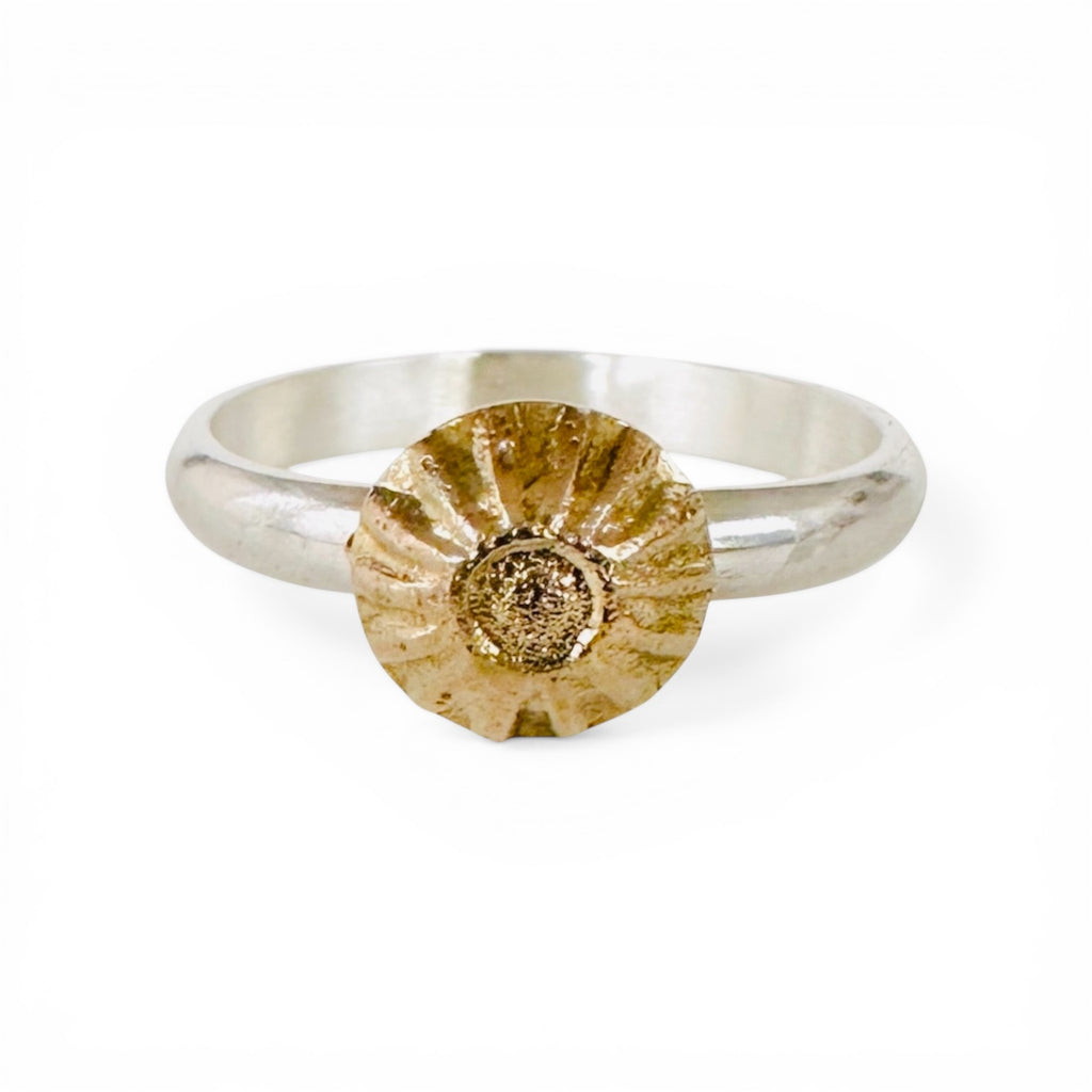 A sterling silver and gold unique wedding ring with a textured gold element. on a silver ring shank handmade jewellery in Nottingham 