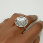 silver mushroom patterned ring jewellery worn on an indian womans hand handmade in Nottingham by small business Bottlebee
