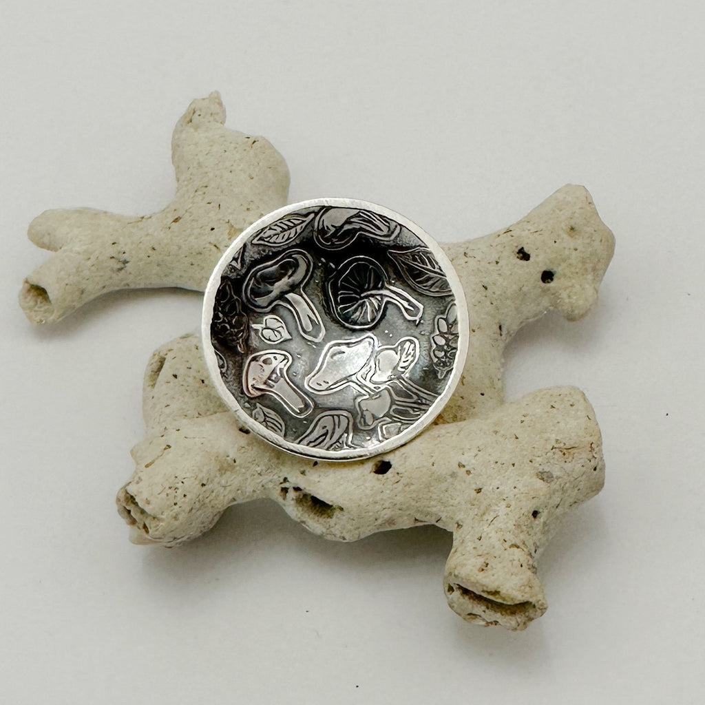 sterling 925 silver mushroom patterned ring jewellery on a stone handmade in Nottingham by small business Bottlebee